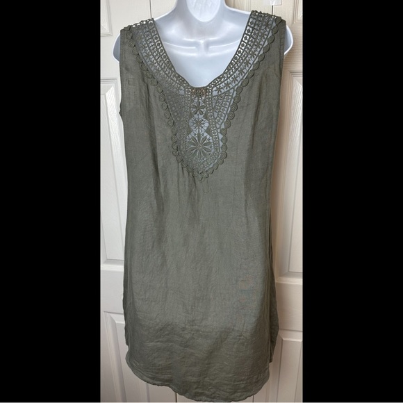 BELLAMBRA 100% Linen Dress Olive Green Made in Italy Crochet Back Sheath Shift - Picture 2 of 10